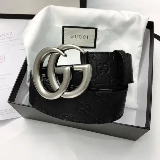 Gucci 双G 黑色压花 GG 皮革腰带