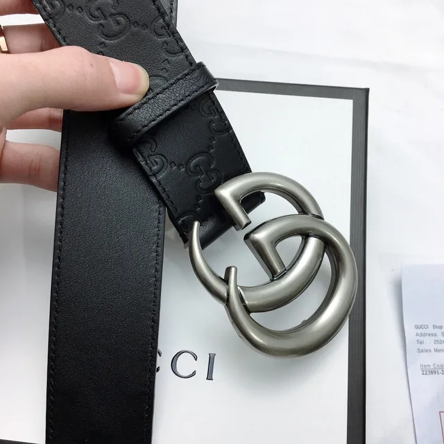 Gucci Double G Cinto Preto Embossado GG Couro 8