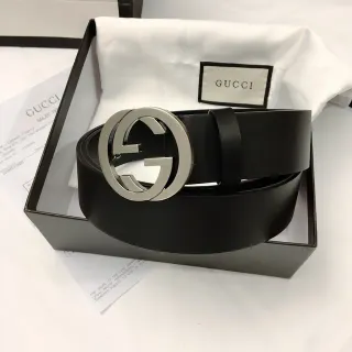 Gucci Double G Cinto Preto Prata Interlocking Buckle Couro Liso