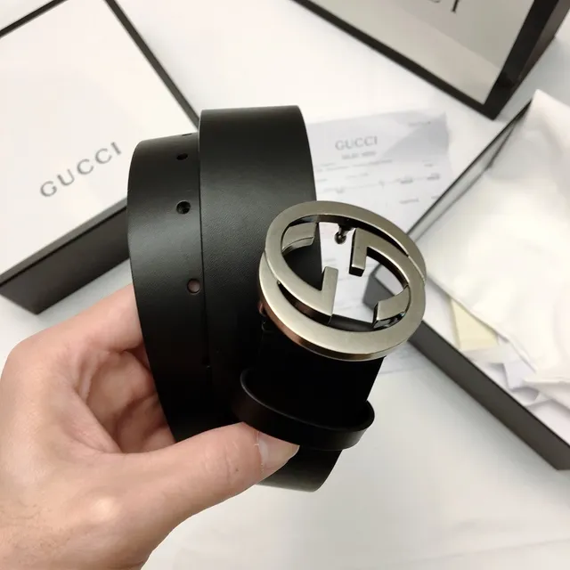 Gucci Double G Ceinture Noir Argent Interlocking Buckle Cuir Lisse 3