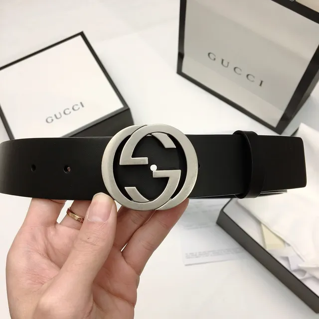 Gucci Double G Ceinture Noir Argent Interlocking Buckle Cuir Lisse 4