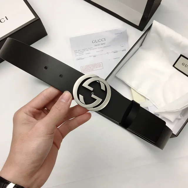 Gucci Double G Ceinture Noir Argent Interlocking Buckle Cuir Lisse 5