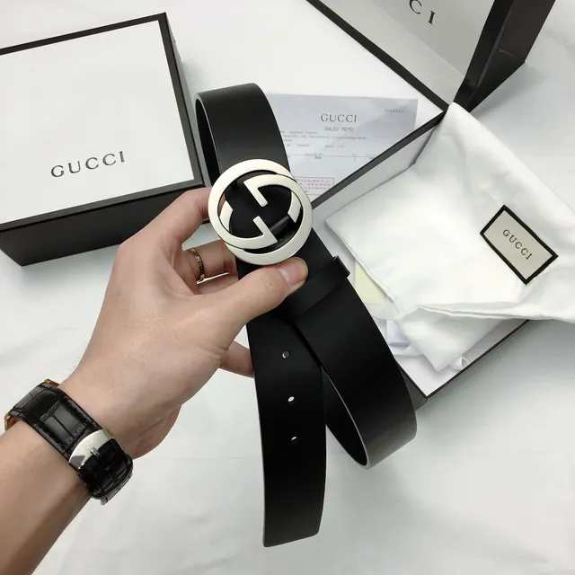 Gucci Double G Ceinture Noir Argent Interlocking Buckle Cuir Lisse 6