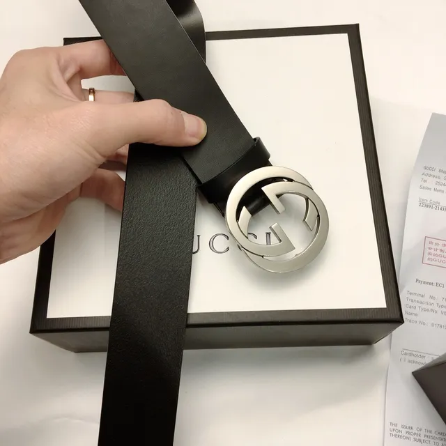 Gucci Double G Ceinture Noir Argent Interlocking Buckle Cuir Lisse 8