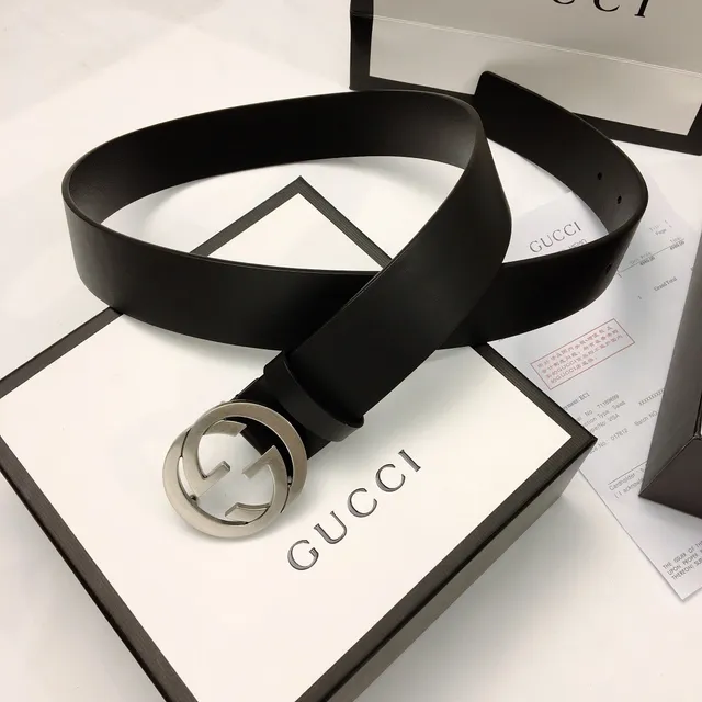 Gucci Double G Ceinture Noir Argent Interlocking Buckle Cuir Lisse 9