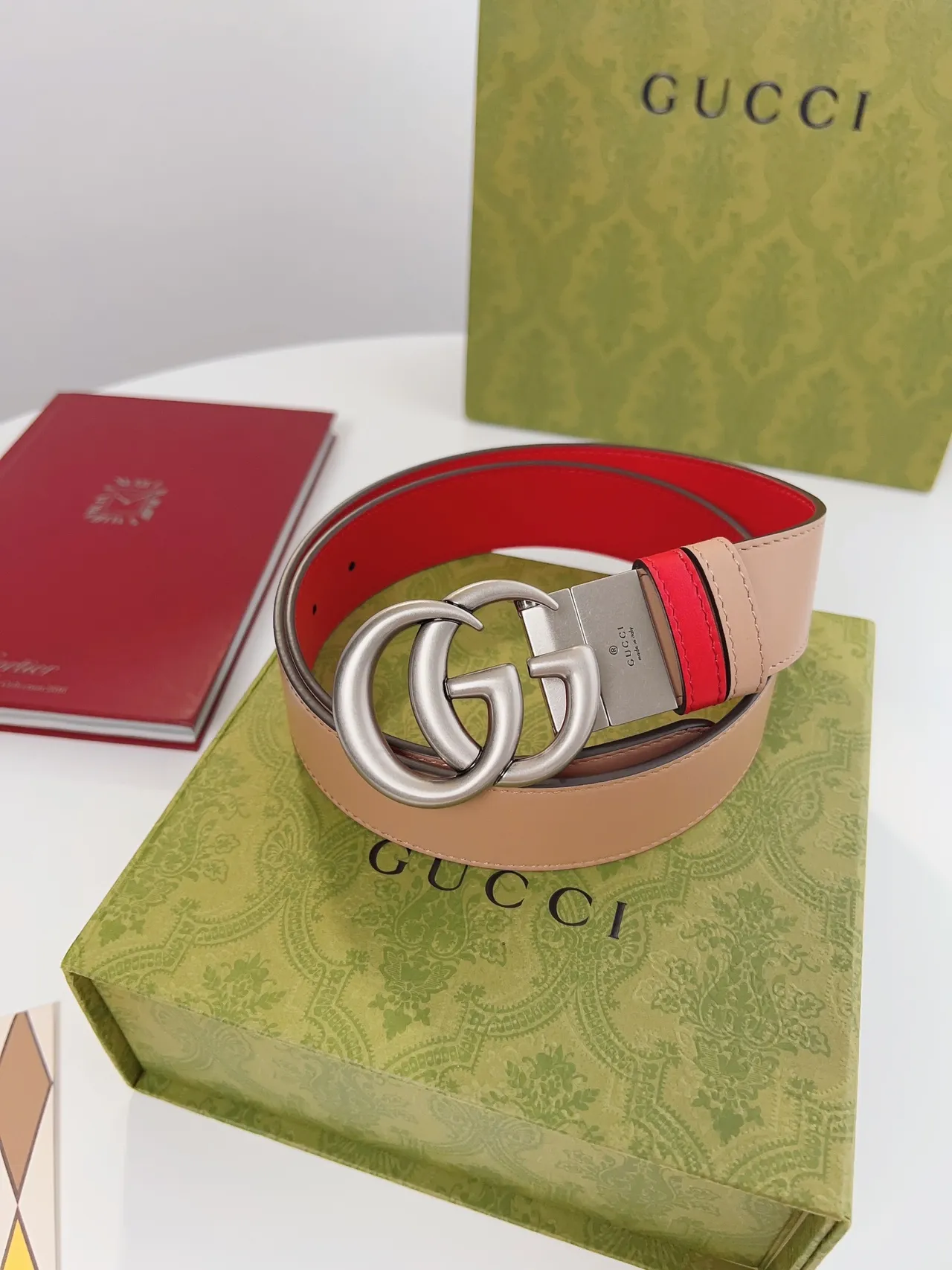 Gucci Double G Belt Red and Beige Leather Belt 2