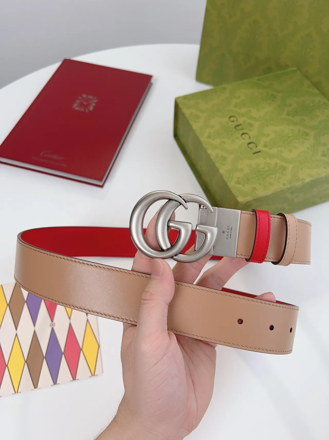 Gucci Double G Belt Red and Beige Leather Belt 3