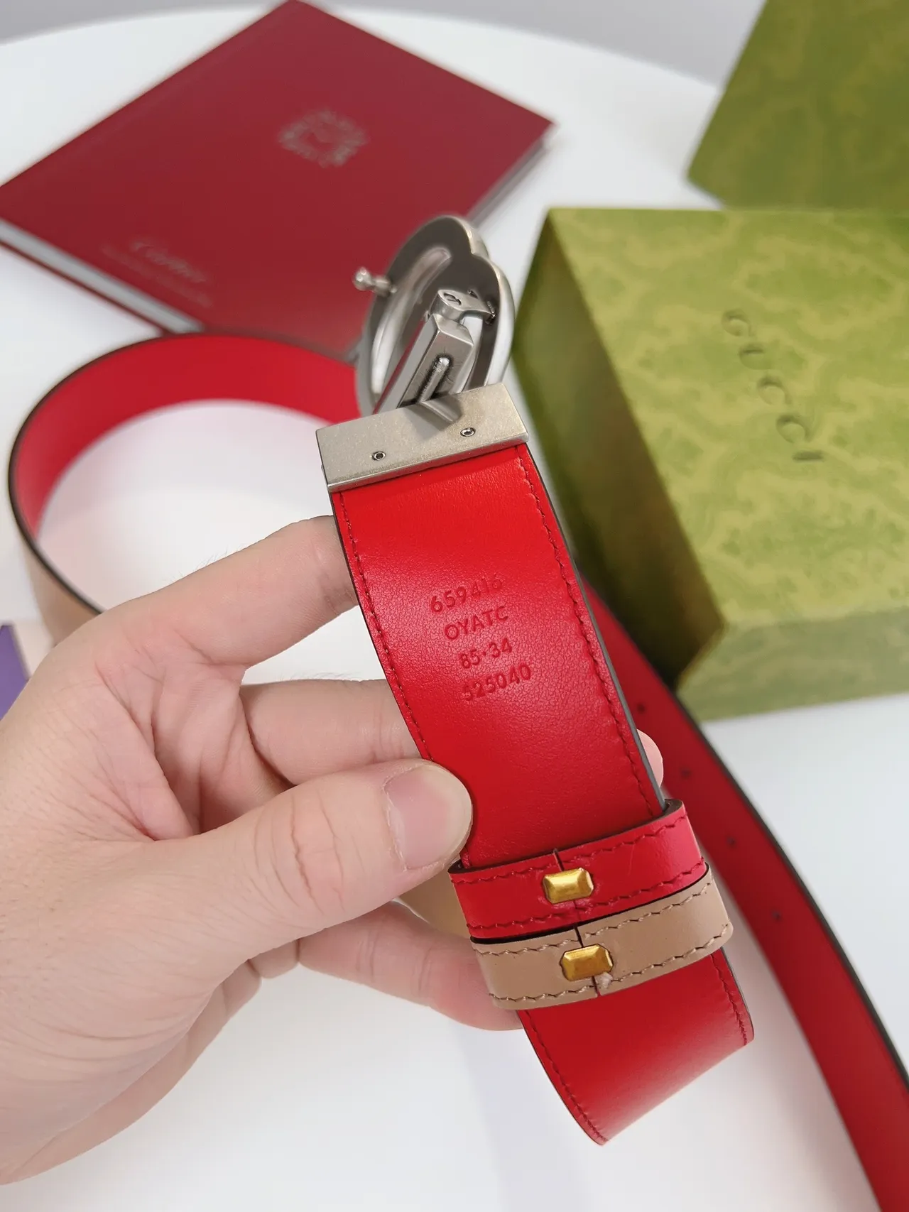 Gucci Double G Belt Red and Beige Leather Belt 4