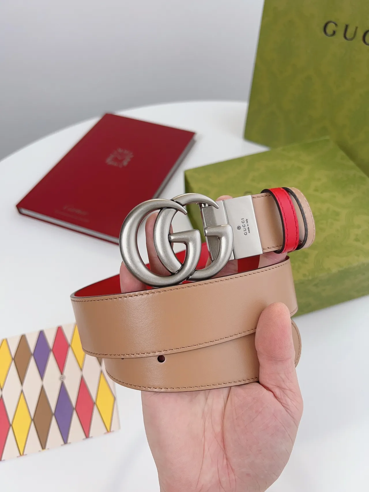 Gucci Double G Belt Red and Beige Leather Belt 5