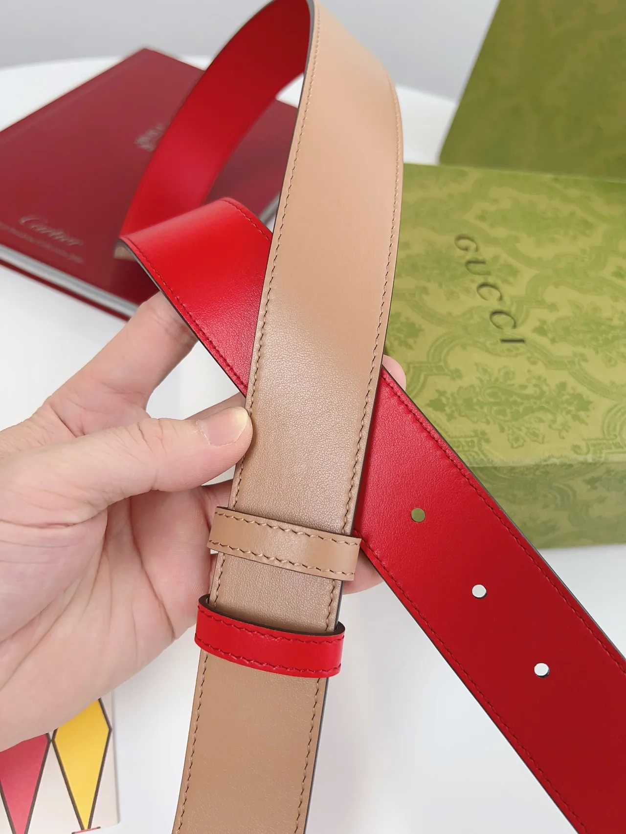 Gucci Double G Belt Red and Beige Leather Belt 6