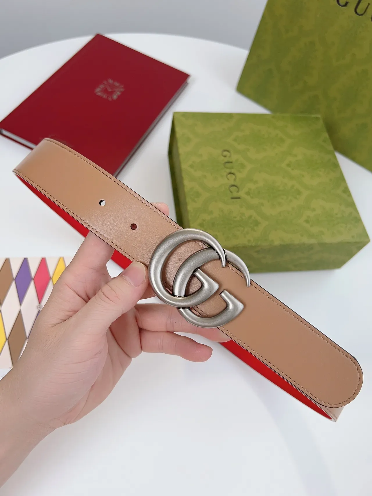 Gucci Double G Belt Red and Beige Leather Belt 8