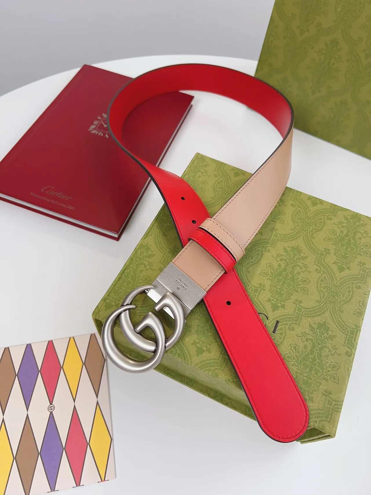 Gucci Double G Belt Red and Beige Leather Belt 9