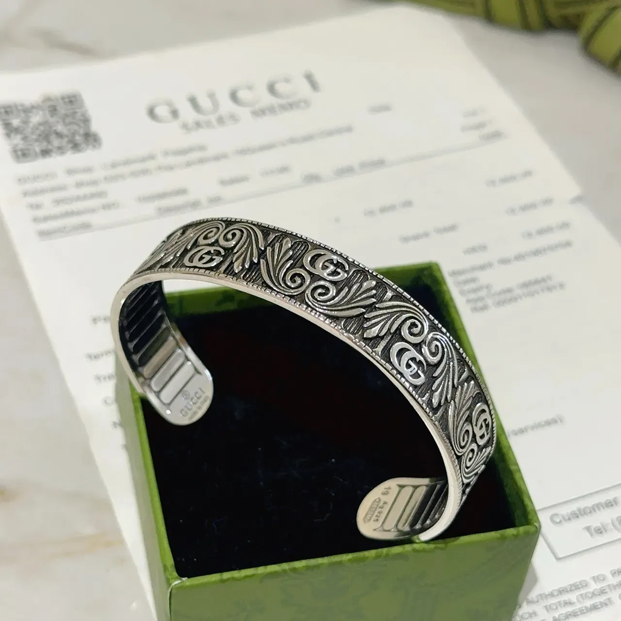 Gucci Engraved Interlocking G Scrollwork Oxidized Silver Open Cuff Bracelet 4