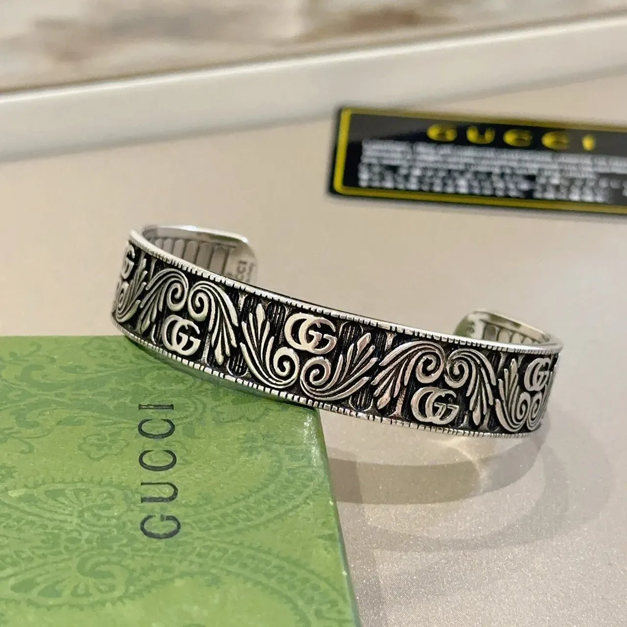 Gucci Engraved Interlocking G Scrollwork Oxidized Silver Open Cuff Bracelet 6