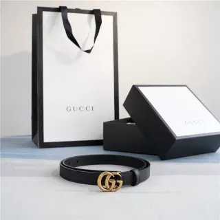 Gucci GG Marmont Black Gold Interlocking G Buckle Smooth Leather Belt