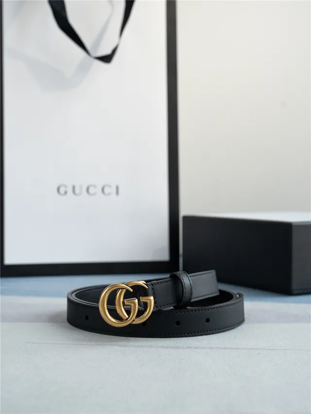 Gucci GG Marmont Black Gold Interlocking G Buckle 光滑皮革腰带 9