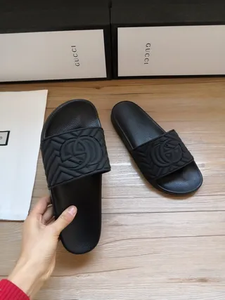 Gucci GG Marmont Embossed Quilted Strap Black Slippers 8
