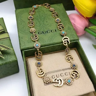 Collier Gucci GG Marmont Inspiré Doré Floral et Double G