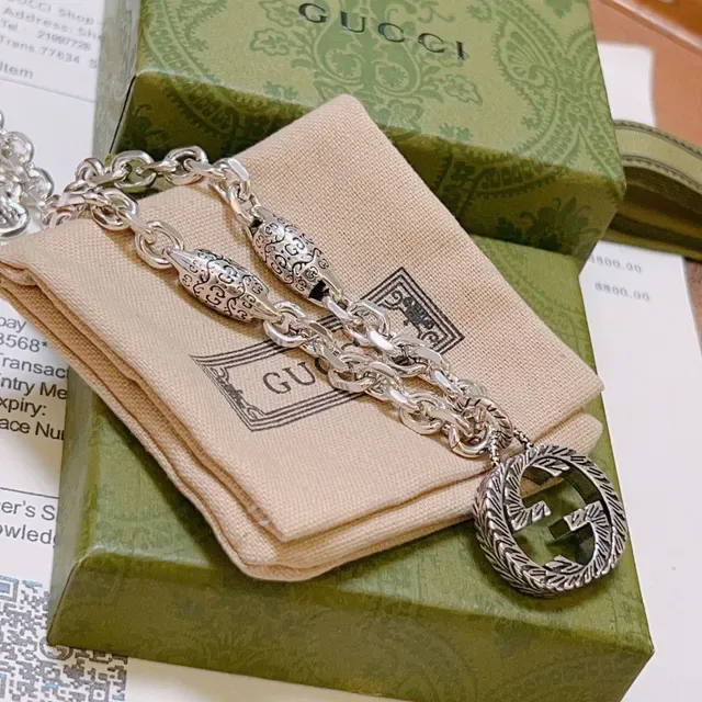 Gucci GG Marmont Interlocking G Pendant Silver Chain Necklace 2