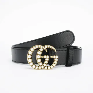 Gucci GG Marmont Cinturón de cuero negro adornado con perlas