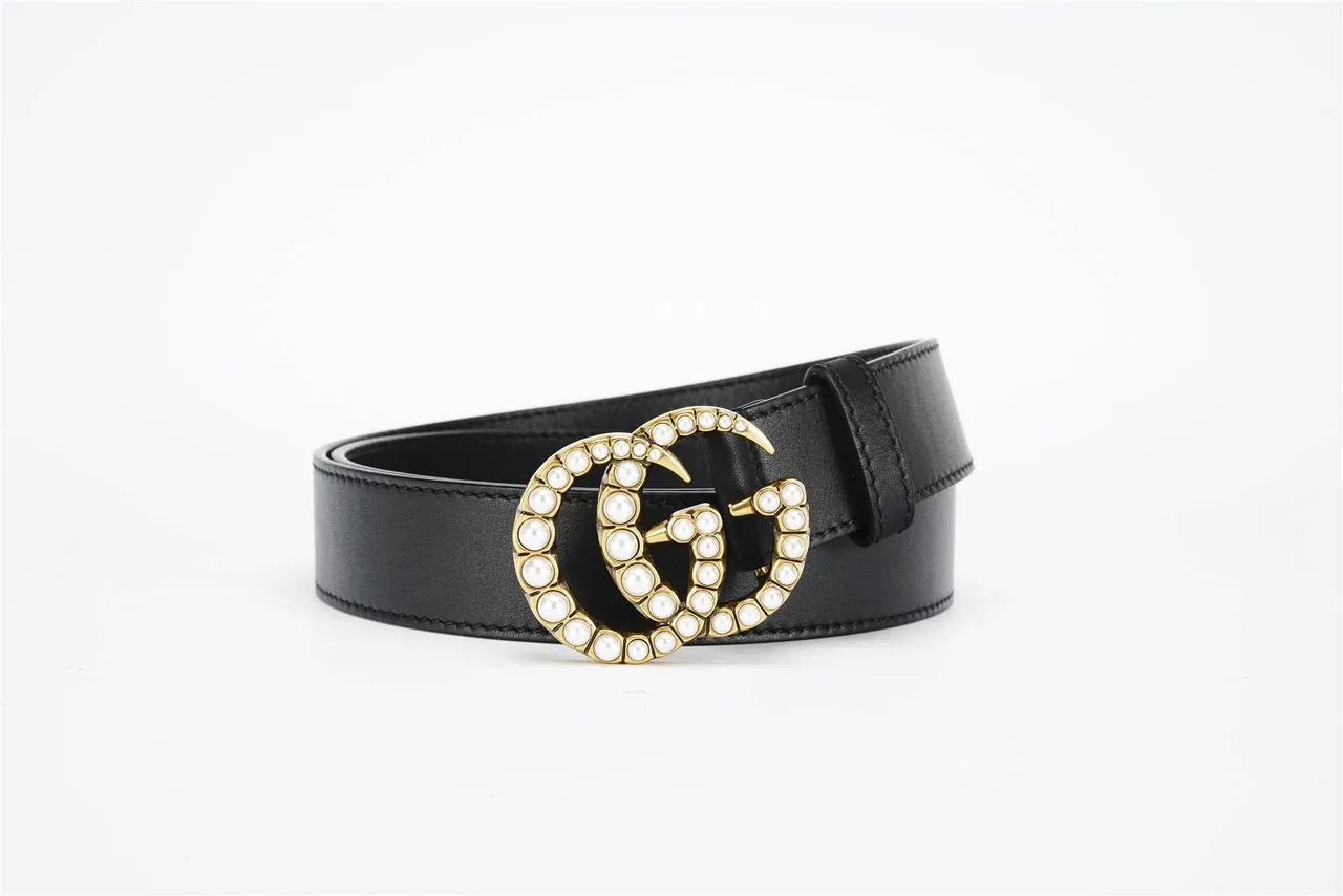 Gucci GG Marmont حزام جلد أسود مزين باللؤلؤ 4
