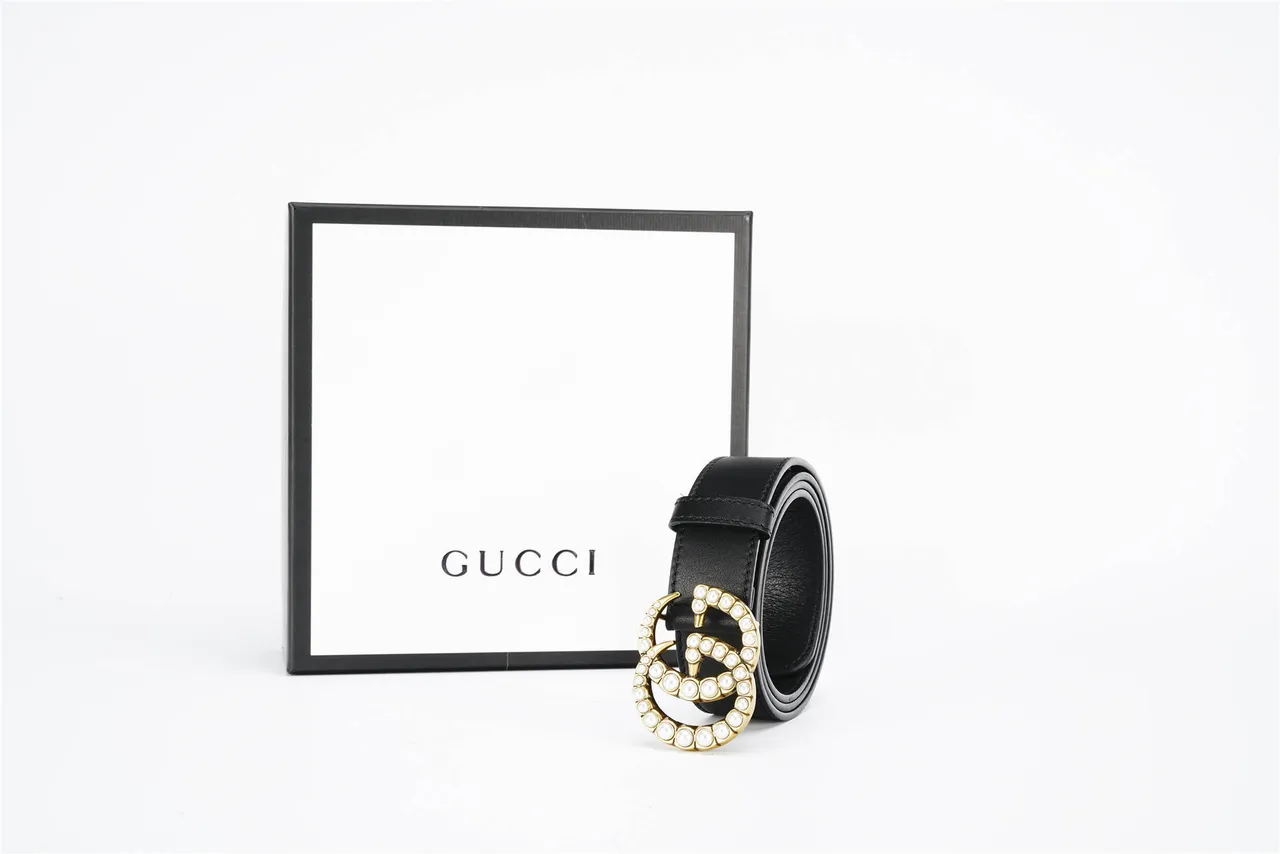 Gucci GG Marmont حزام جلد أسود مزين باللؤلؤ 6