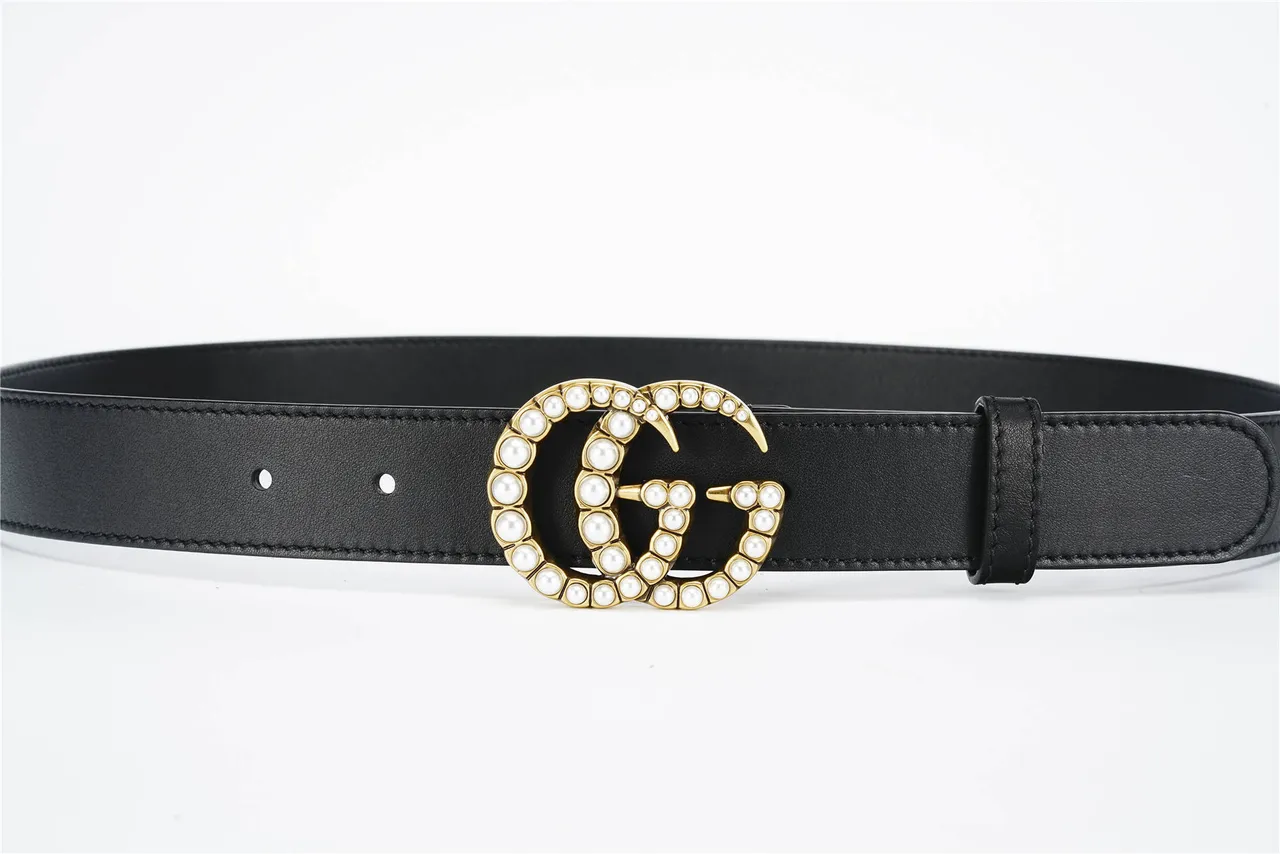 Gucci GG Marmont حزام جلد أسود مزين باللؤلؤ 9
