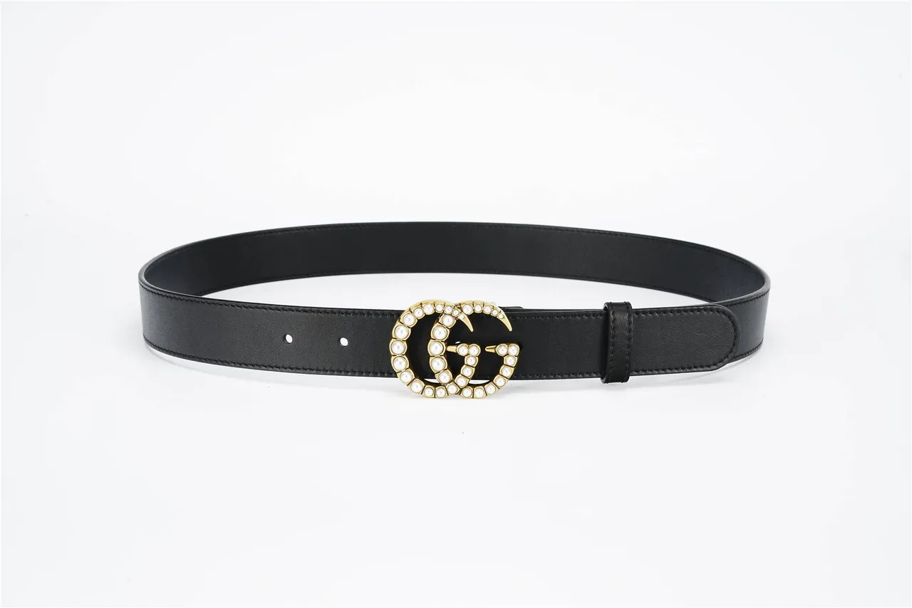 Gucci GG Marmont حزام جلد أسود مزين باللؤلؤ 10