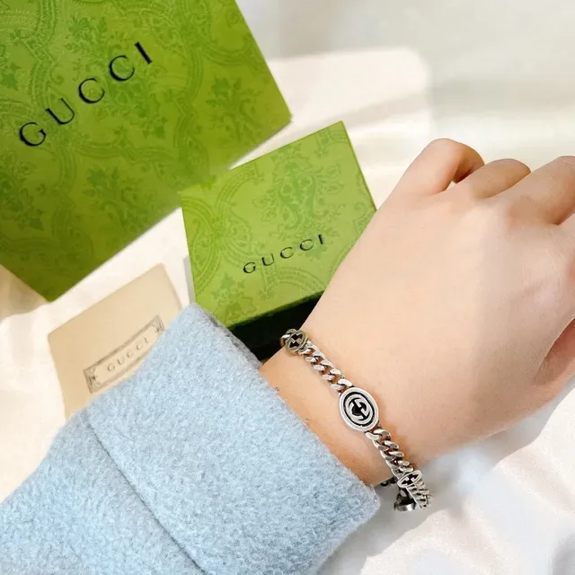 سوار غوتشي GG مارمونت فضي أسود سلسلة كيرب لينك مداليون شعار G متشابكة 7