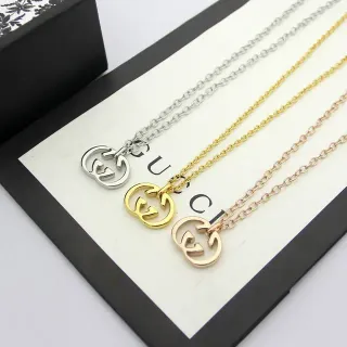 Gucci GG Marmont Silver Gold Interlocking G Pendant Thin Curb Chain Necklace