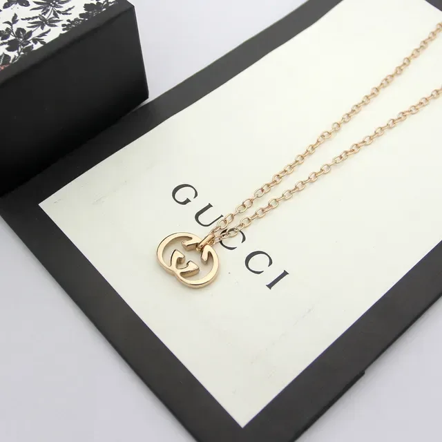 Gucci GG Marmont Silver Gold Interlocking G Pendant Thin Curb Chain Necklace 3