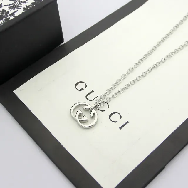 Gucci GG Marmont Silver Gold Interlocking G Pendant Thin Curb Chain Necklace 4