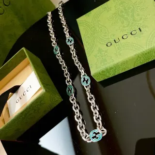 Gucci GG Marmont Collier Chaîne Curb Chunky Argent Vert Charme Émaillé