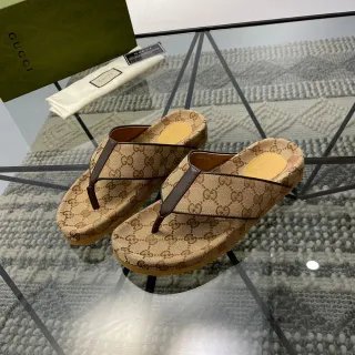 Gucci GG Monogram 帆布 棕色 皮革 鞋带 拖鞋