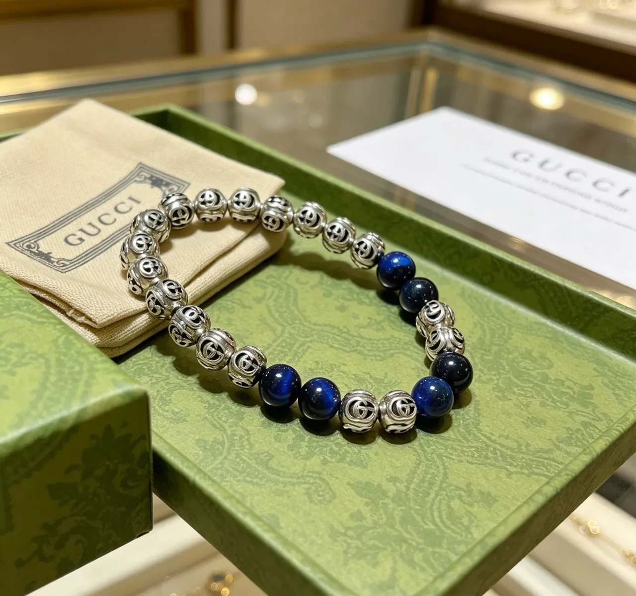 Gucci GG Motif Blue Silver Beaded Metal Bracelet 3