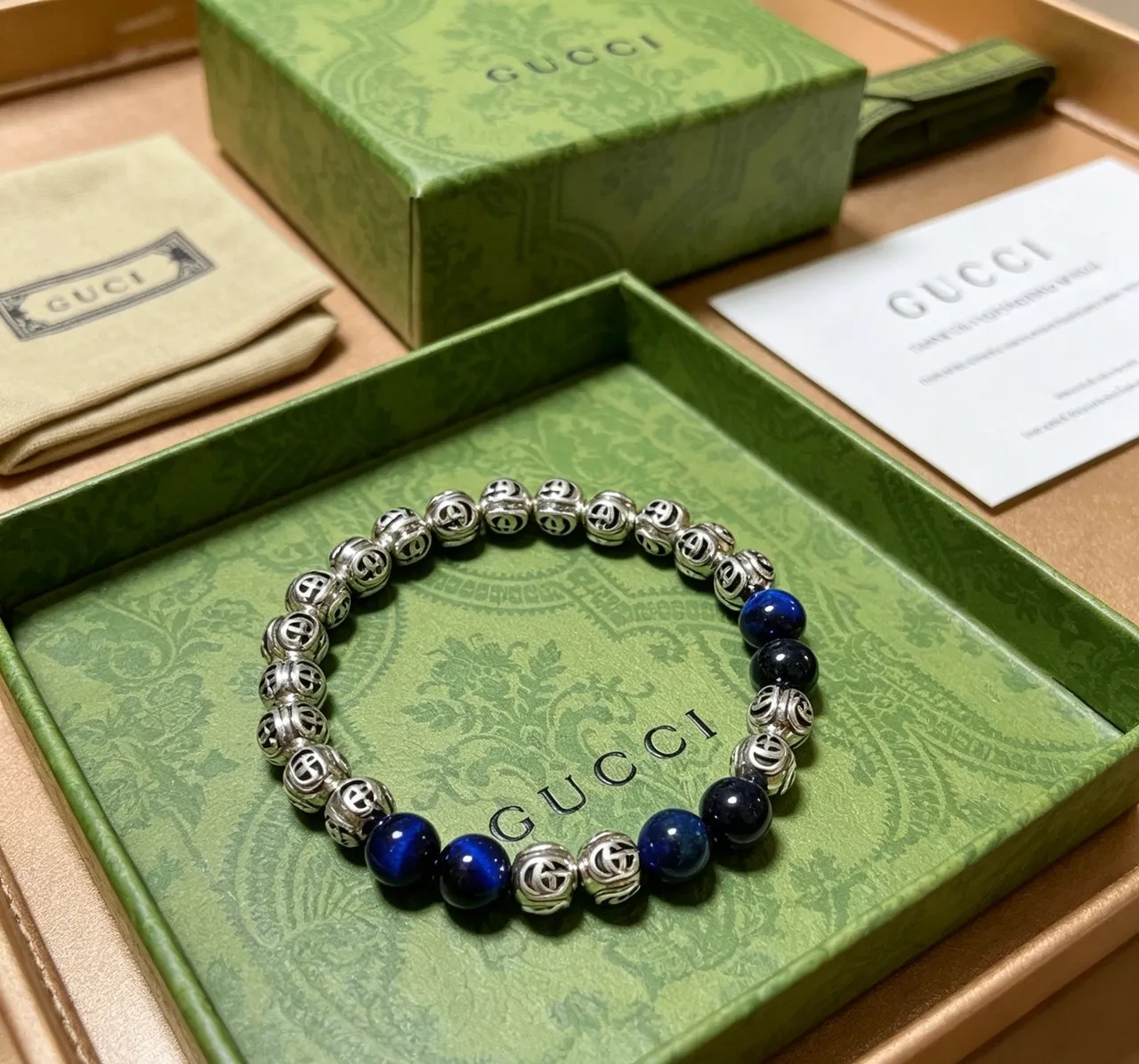 Gucci GG Motif Blue Silver Beaded Metal Bracelet 4