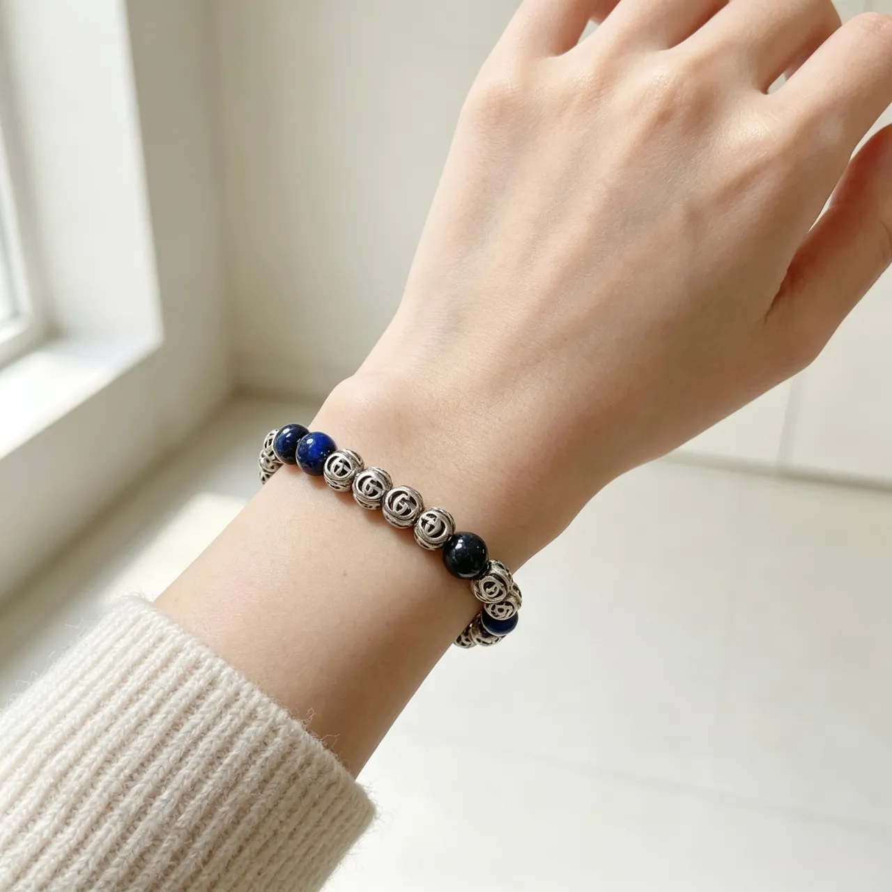 Gucci GG Motif Blue Silver Beaded Metal Bracelet 8
