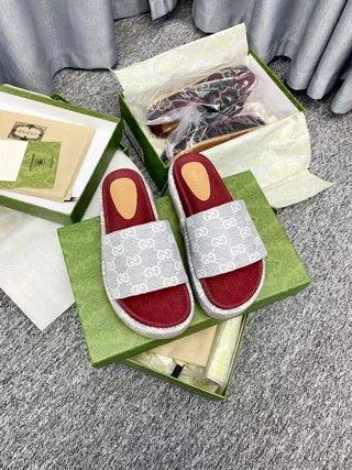 Gucci Gray Red GG Monogram Strap Leather Footbed Slippers 9