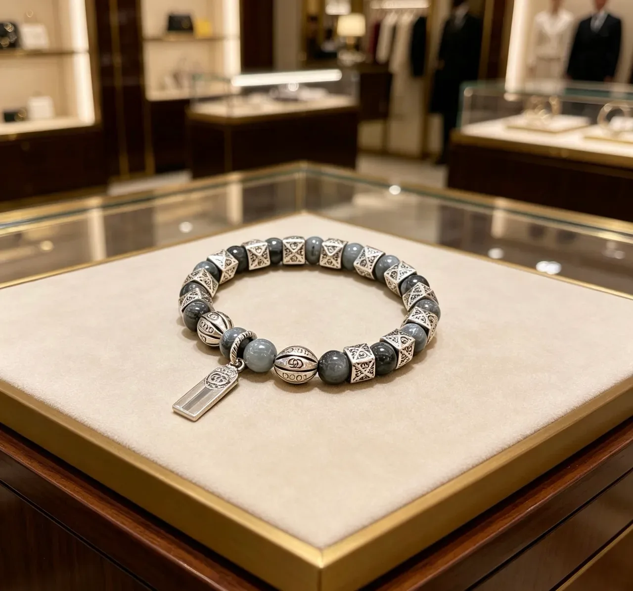 Gucci Bracelete Cinza e Prata com Contas de Metal e Pedra 9