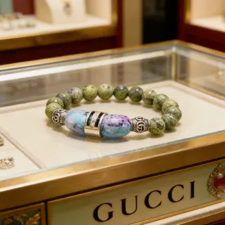 Gucci Green Blue Beaded Stretch Mottled Stone Beads Bracelet