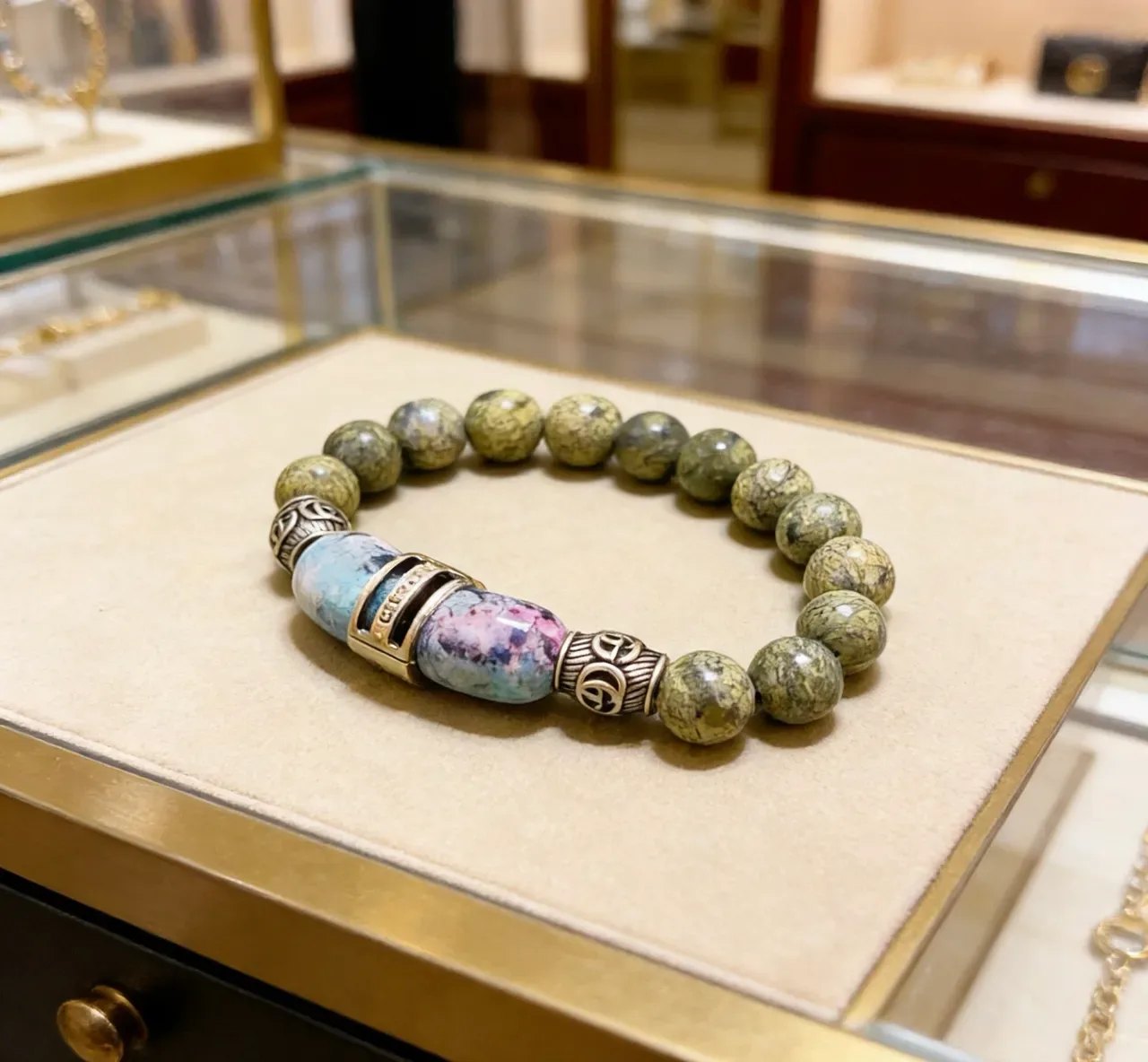Gucci Green Blue Beaded Stretch Mottled Stone Beads Bracelet 5