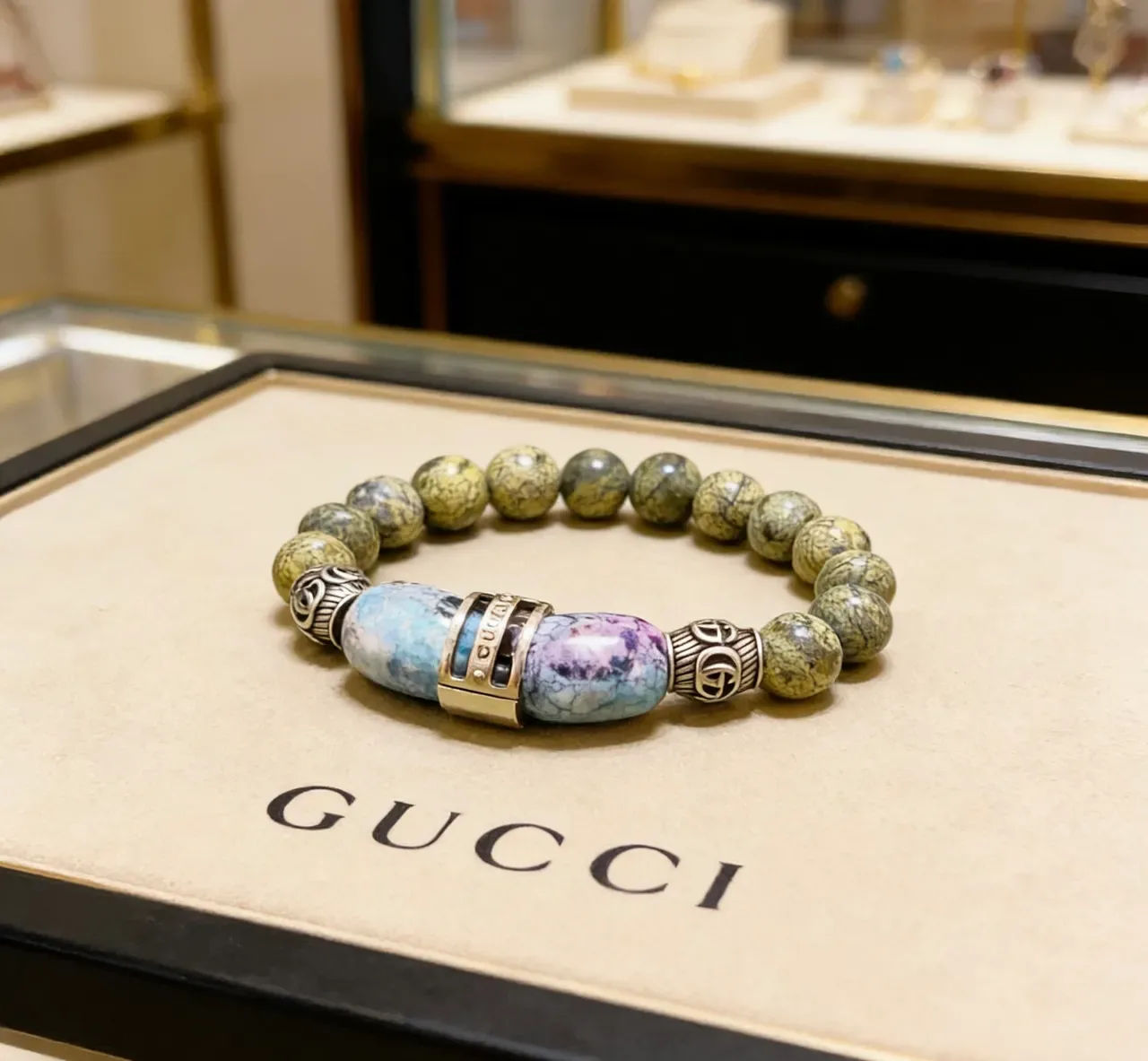 Gucci Green Blue Beaded Stretch Mottled Stone Beads Bracelet 6
