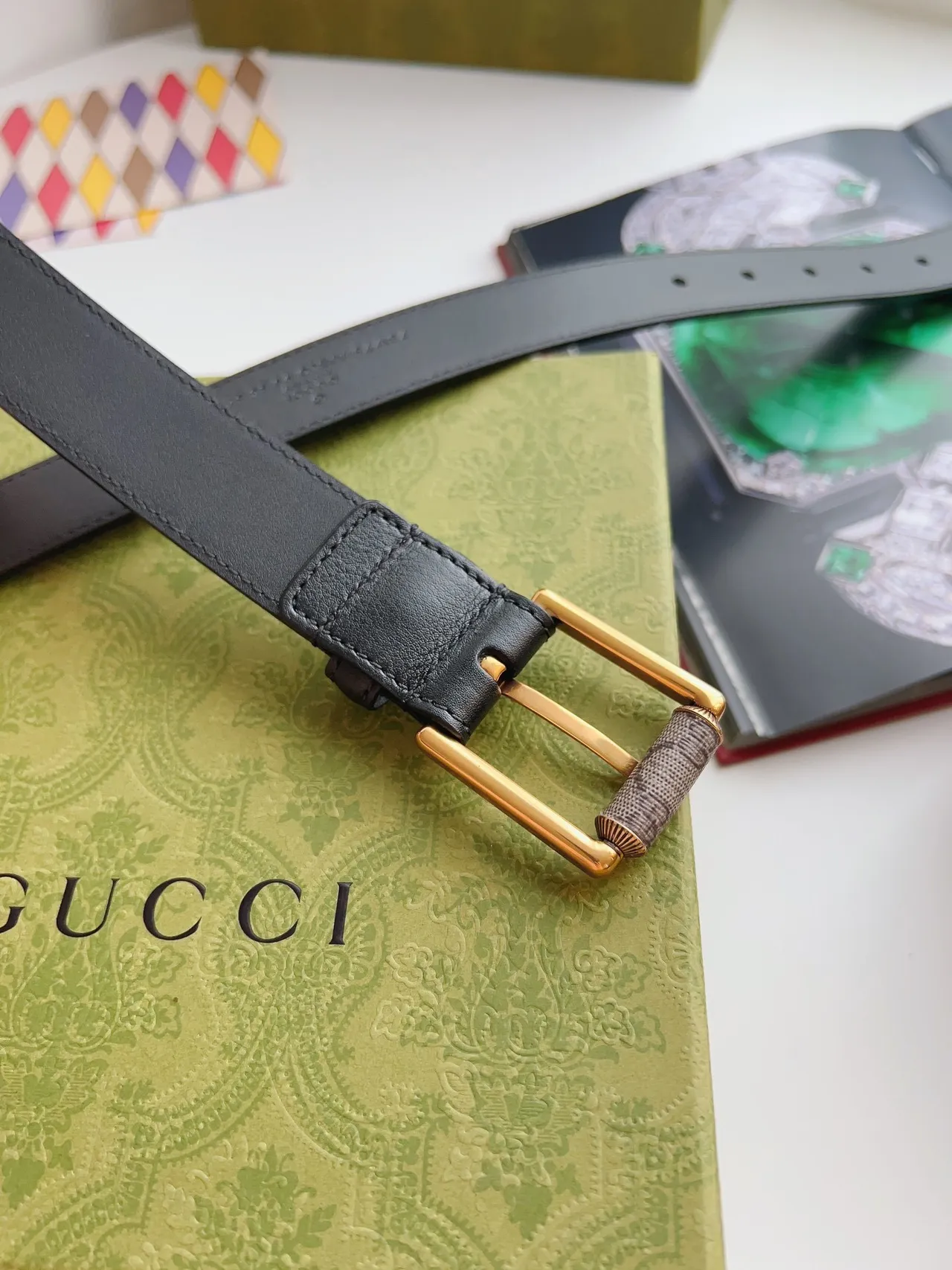 Gucci Horsebit 1955 黑金 光滑 矩形扣环 皮革腰带 7