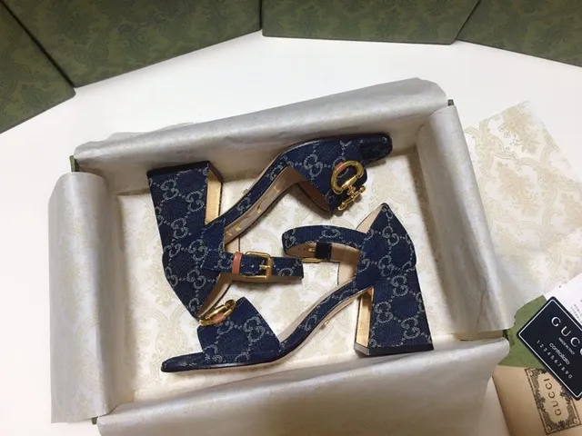 Gucci Horsebit 1955 蓝金 GG Monogram Denim Buckle Block Heel 6