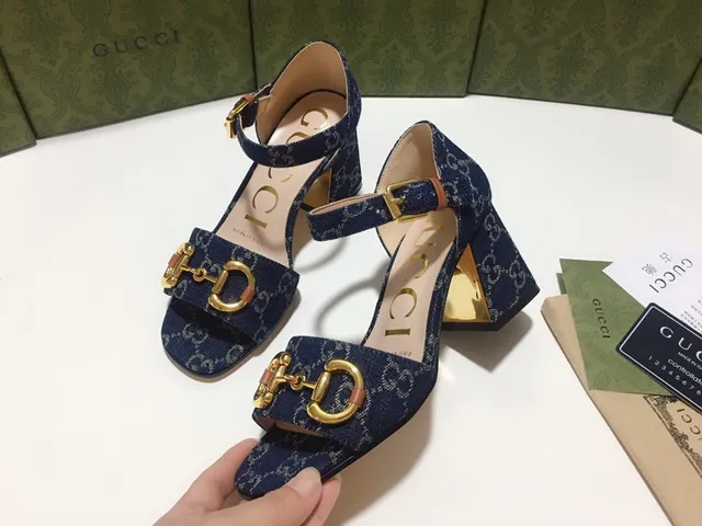 Gucci Horsebit 1955 蓝金 GG Monogram Denim Buckle Block Heel 7