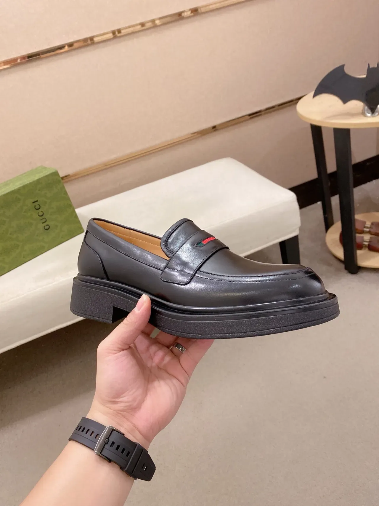 Gucci Horsebit 1955 Loafer Black Leather Web-Trimmed Platform Loafer 4
