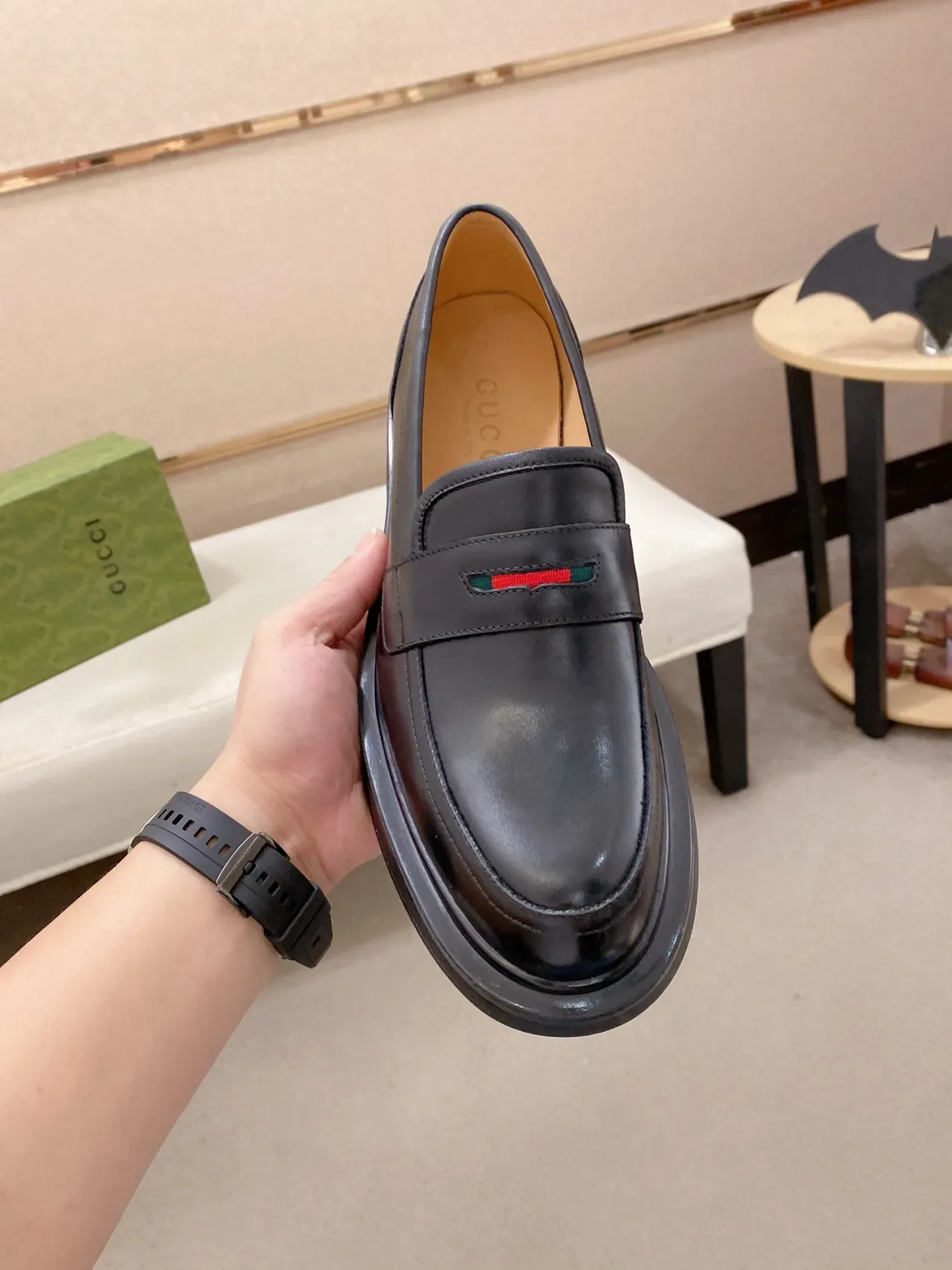 Gucci Horsebit 1955 Loafer Black Leather Web-Trimmed Platform Loafer 5