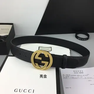 حزام Gucci Interlocking G أسود ذهبي مطبوع GG Monogram إبزة دائرية كبيرة من الجلد