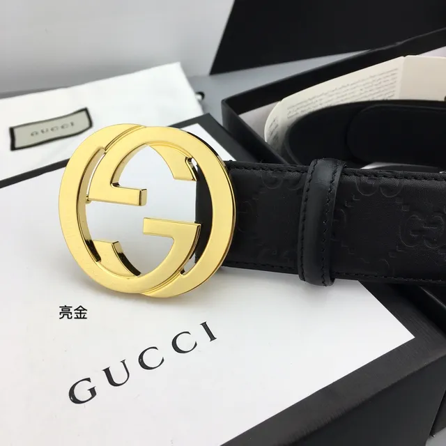 Gucci Interlocking G Cinto Preto Dourado Embossed GG Monogram Grande Fivela Circular Cinturão de Couro 3