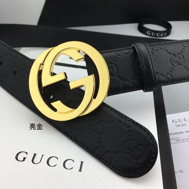 Gucci Interlocking G Cinto Preto Dourado Embossed GG Monogram Grande Fivela Circular Cinturão de Couro 5
